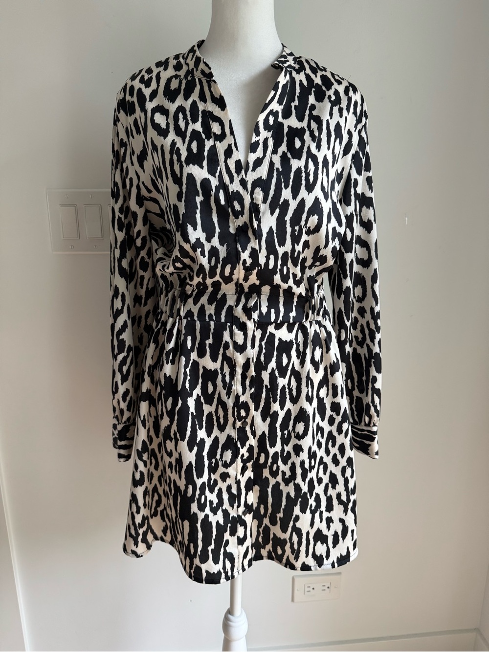 Zara white & black animal print satin button down shirt dress Sz Small